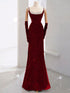 Wine Red Sequins Mermaid Straps Long Formal Dress, Wine Red Beaded Prom Dress Evening Dress